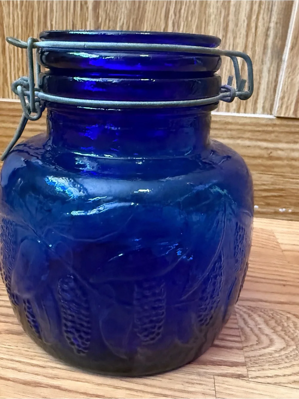 Vintage Italian Cobalt Blue Glass Canister, Embossed Grapevine Jar, Swing lid